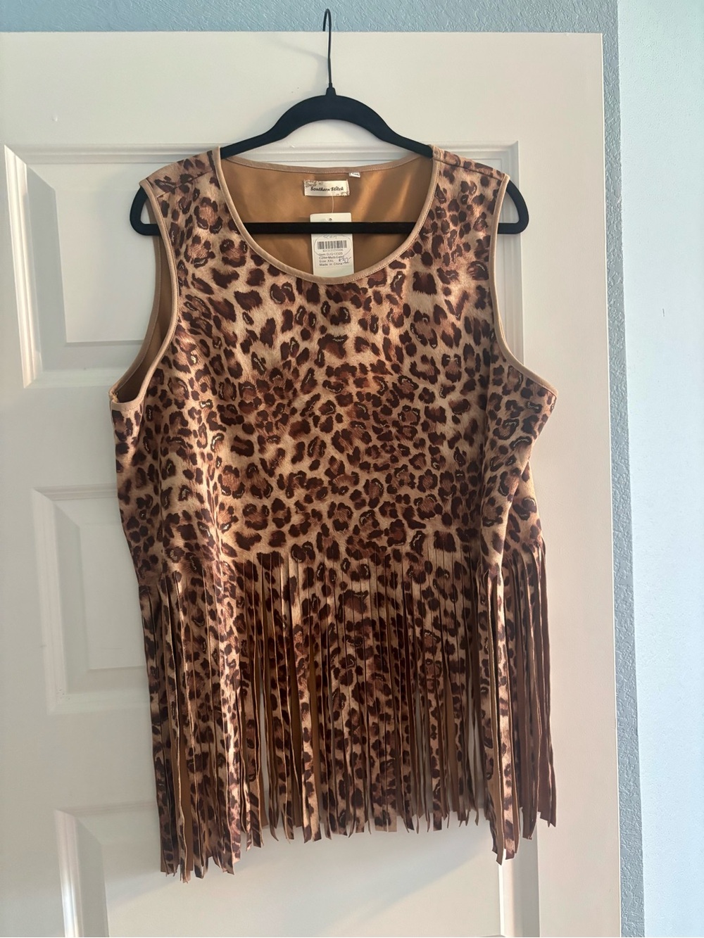 Southern Stitch Leopard Print Fringe Top in Warm Brown Tones